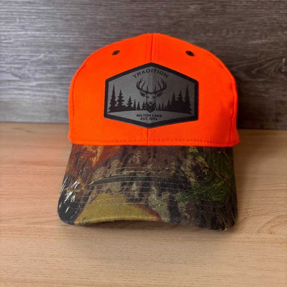 Milton Lake Hat Cap Strap Back Orange Brown Camo Hunting Outdoors Mens